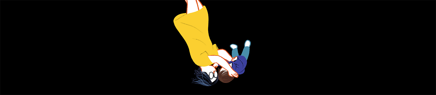 A child and mother hug while floating downward.